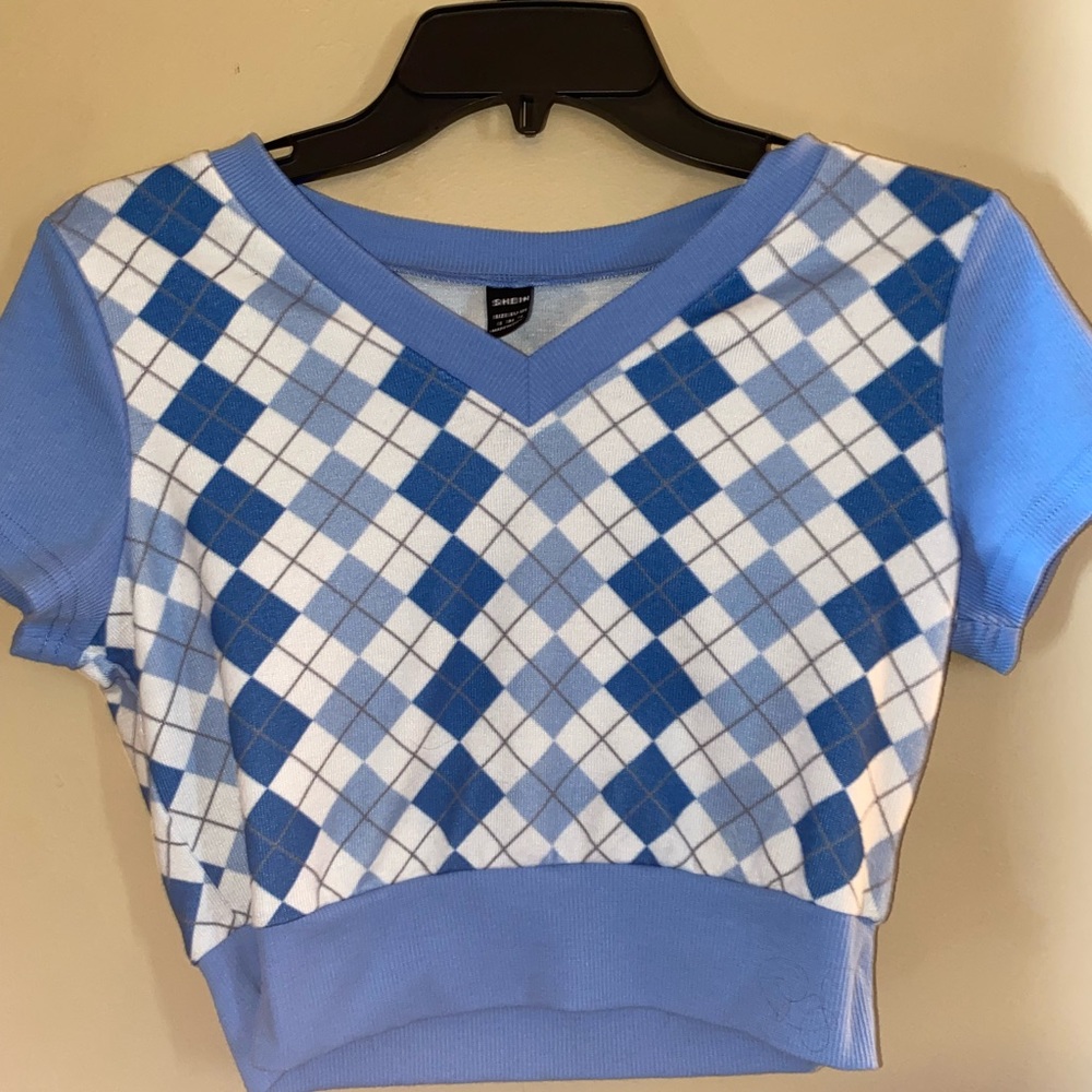 Blue Checkered Cropped Sweater Vest